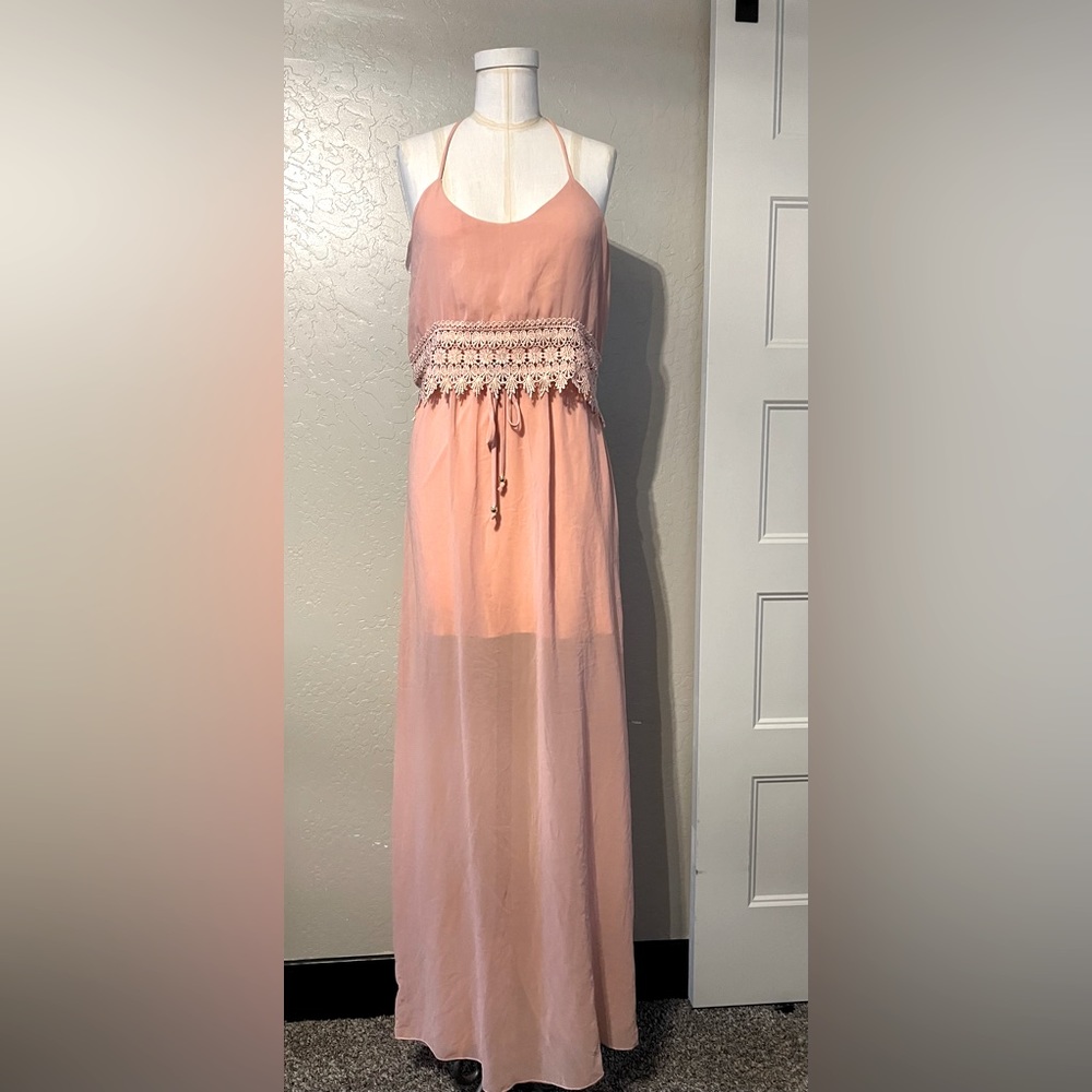 Jodi Kristopher peach chiffon maxi sheer dress